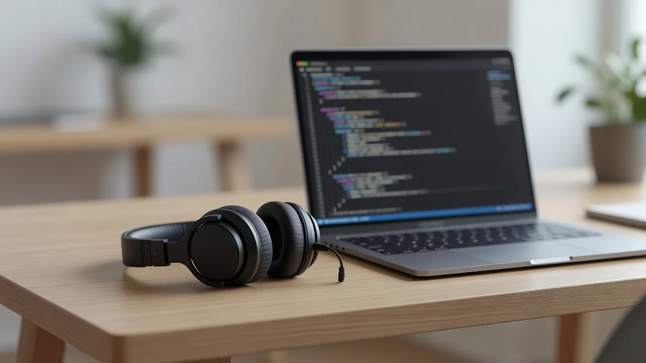 Fone de ouvido sobre a mesa ao lado de notebook com código