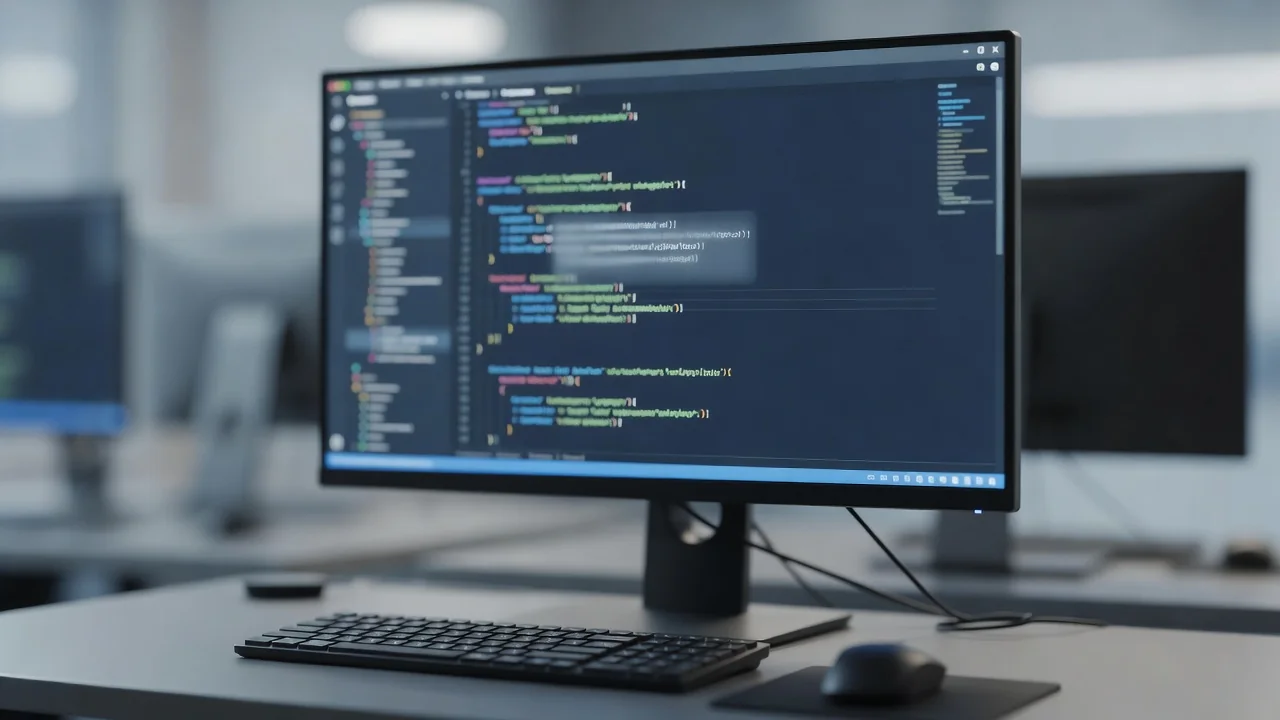 Monitor widescreen com editor de código exibindo uma sugestão de IA