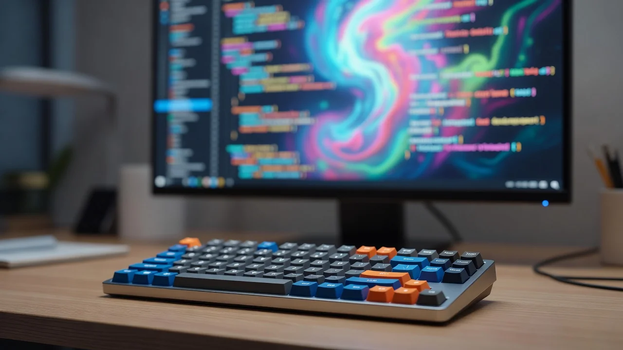 Teclado mecânico ao lado de tela exibindo código colorido