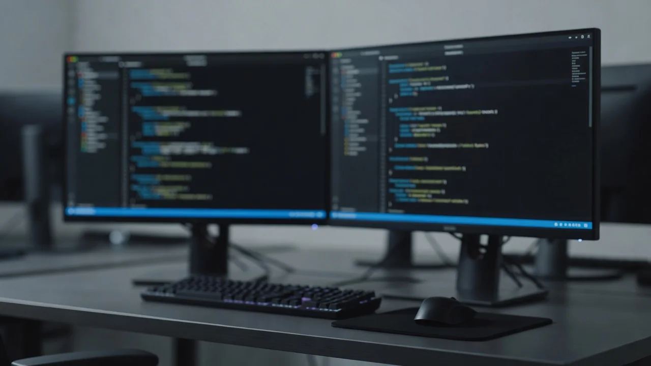Estação de trabalho com dois monitores exibindo terminais