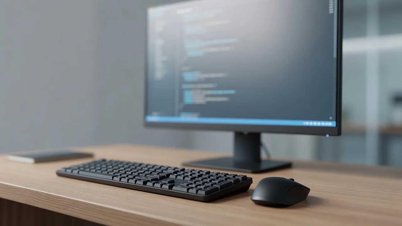 Teclado e mouse sobre a mesa com monitor exibindo um terminal