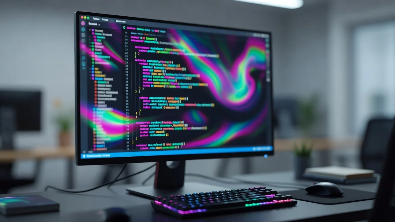 Monitor exibindo código com sintaxe colorida incomum em tema escuro