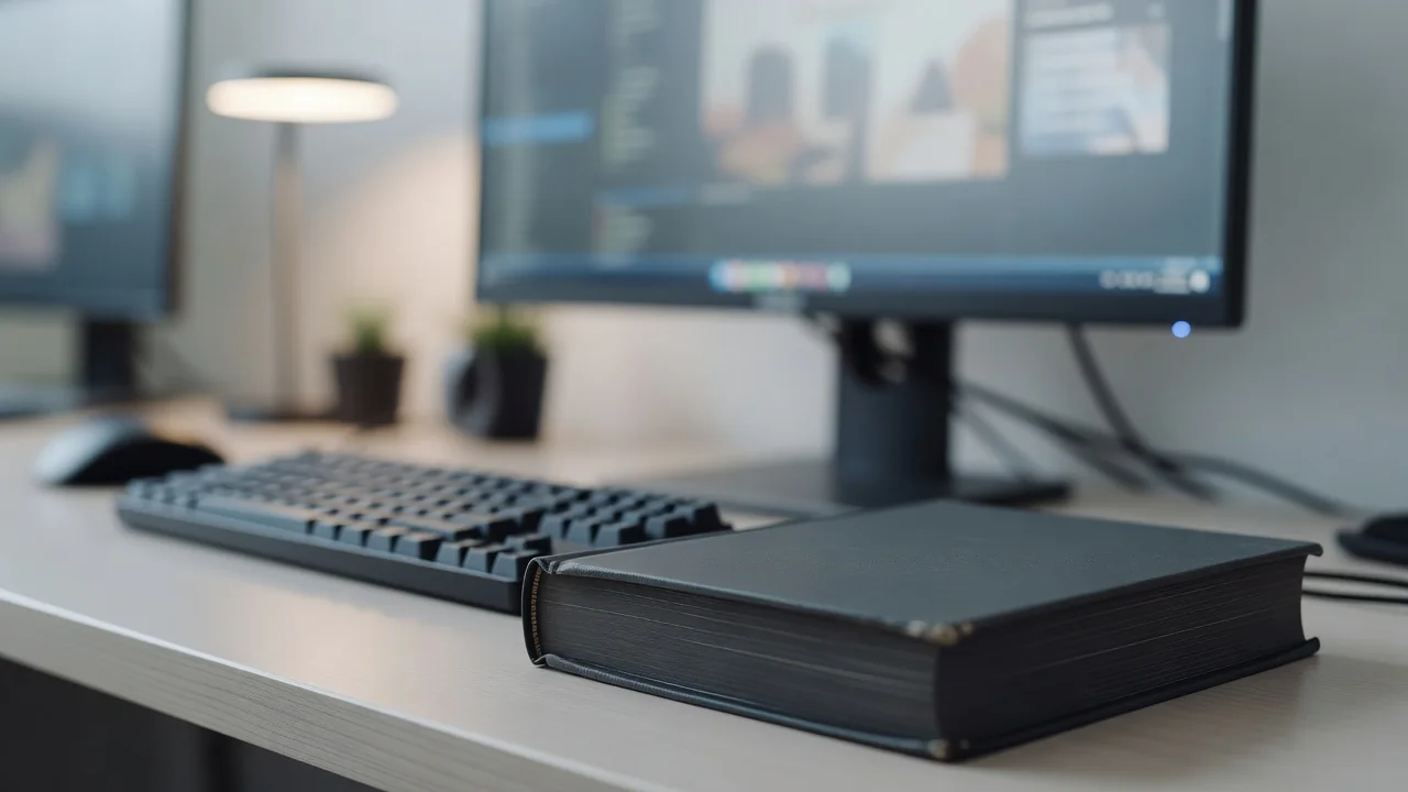 Estação de trabalho com livro técnico ao lado do teclado