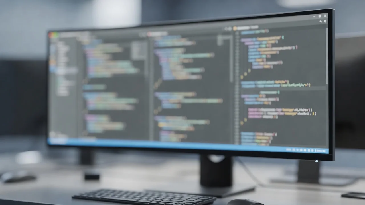 Monitor ultrawide com três painéis de código lado a lado