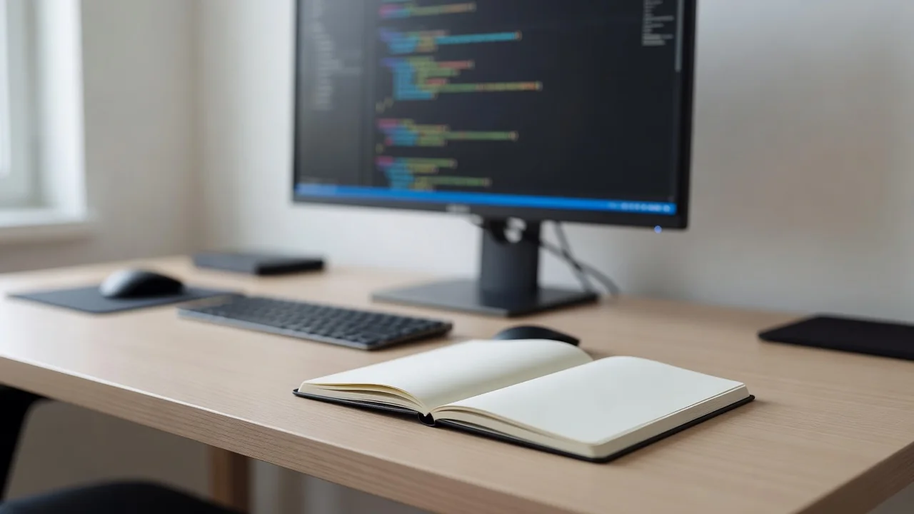 Mesa de desenvolvedor com monitor mostrando editor de código e caderno de anotações