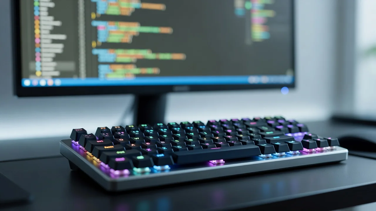 Detalhe de teclado mecânico iluminado com tela de código ao fundo