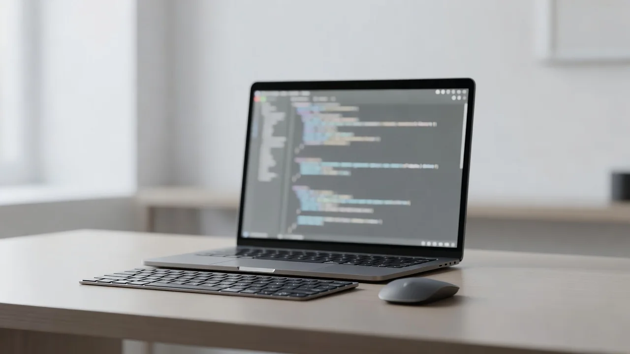 Estação de trabalho minimalista com notebook exibindo linhas de código desfocadas