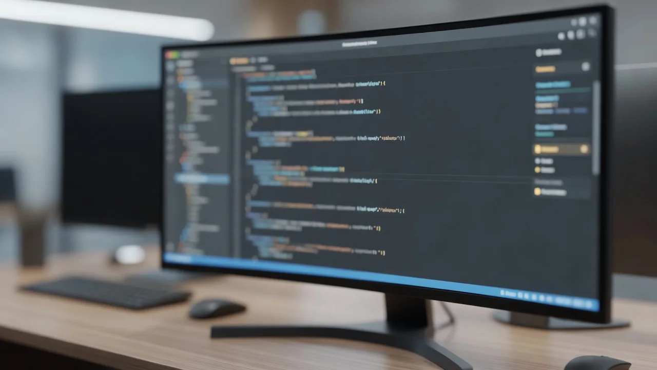 Detalhe de monitor ultrawide com interface escura de editor e caneca de café