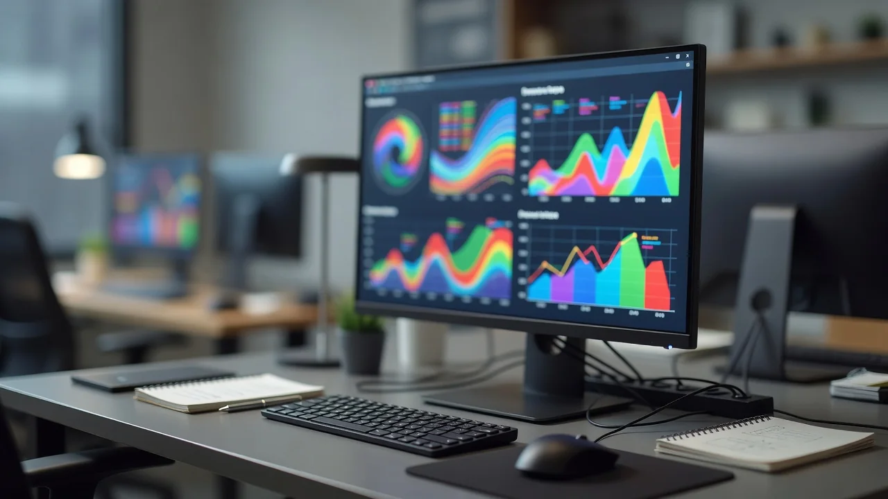 Mesa de trabalho com monitor exibindo gráficos de análise de dados