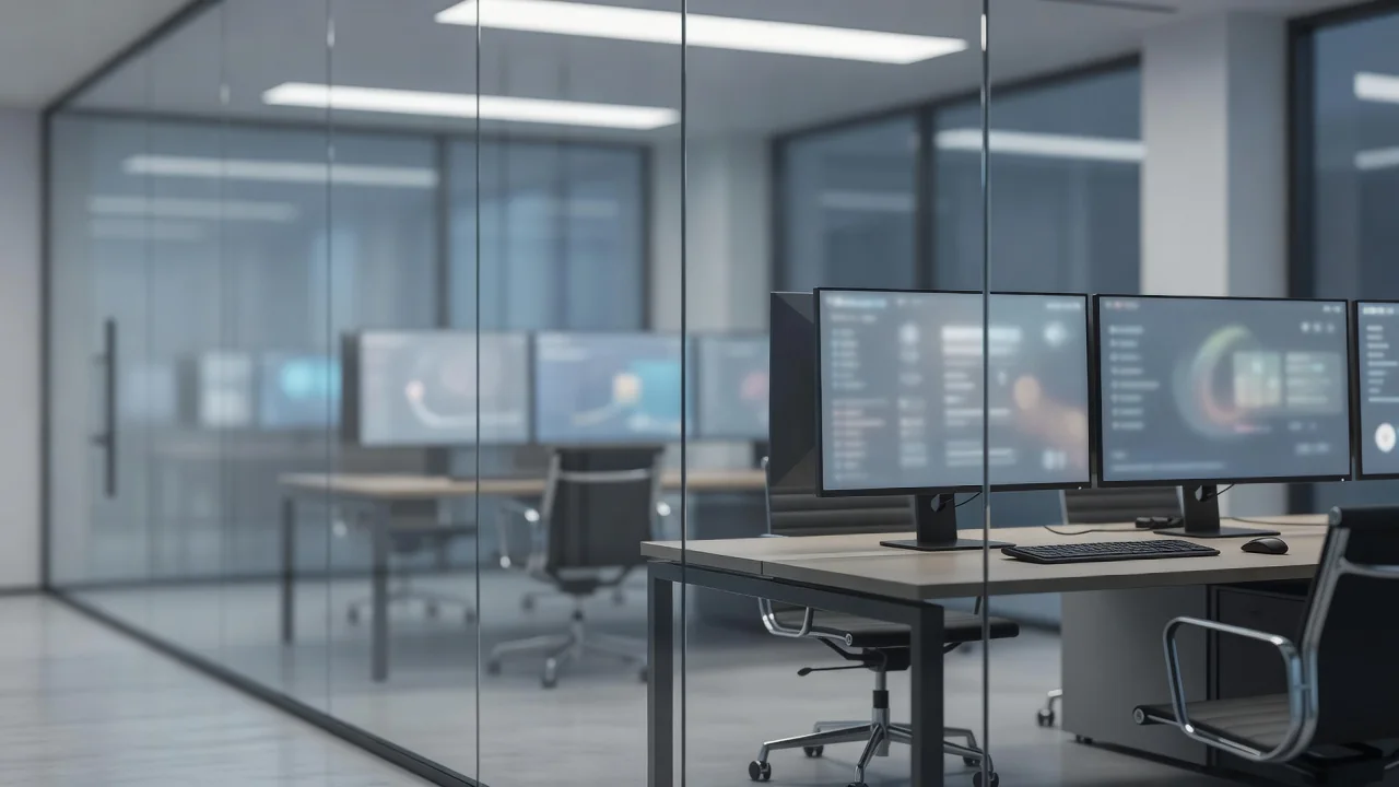 Escritório moderno com parede de vidro e monitores exibindo dashboards