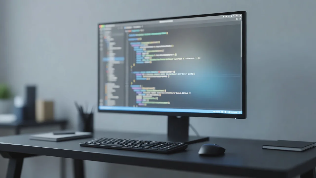 Setup de desenvolvedor com editor de código aberto em monitor widescreen