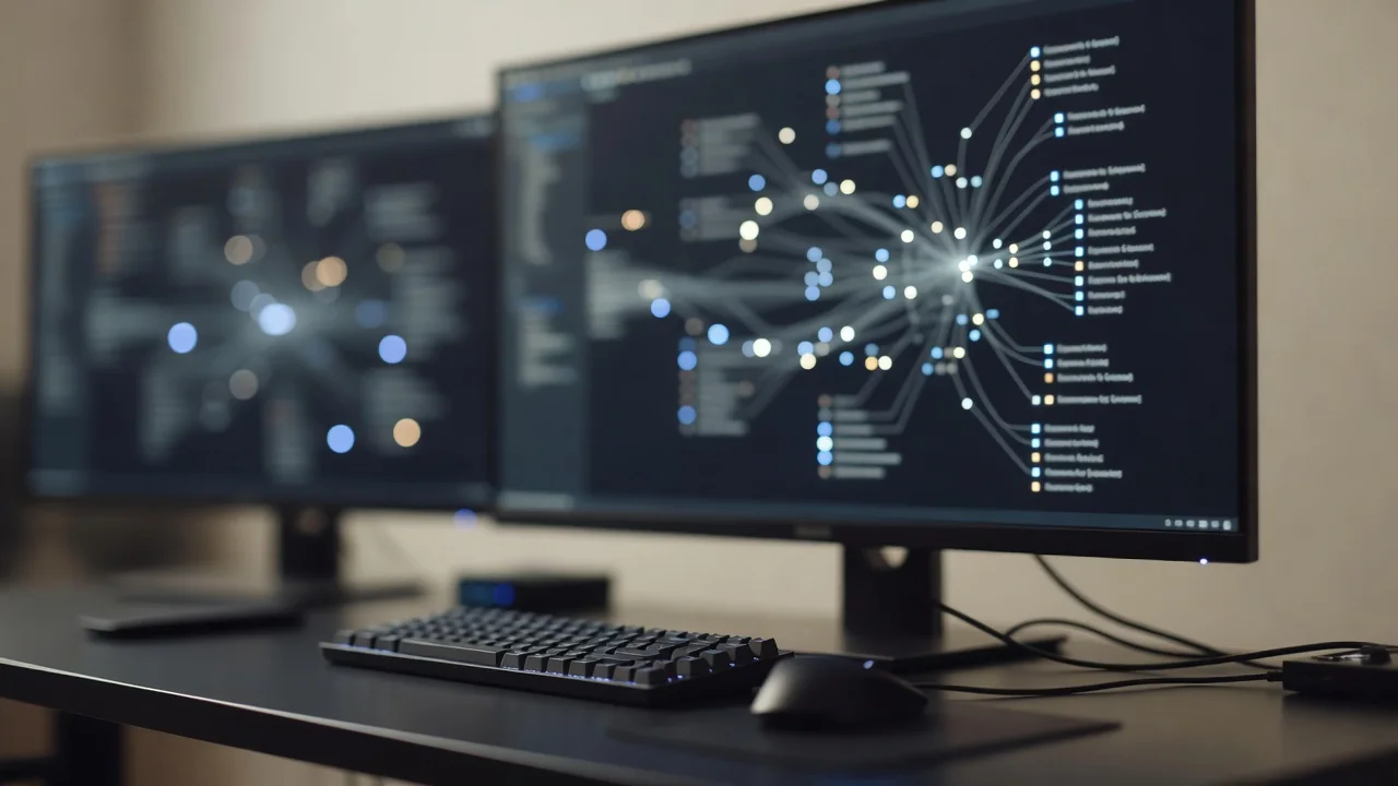 Diagrama de conexões de rede em tela de computador com luzes de servidor ao fundo