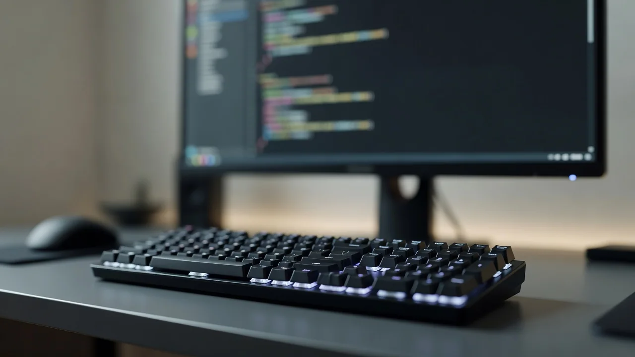 Close de mãos em teclado com tela mostrando terminal escuro