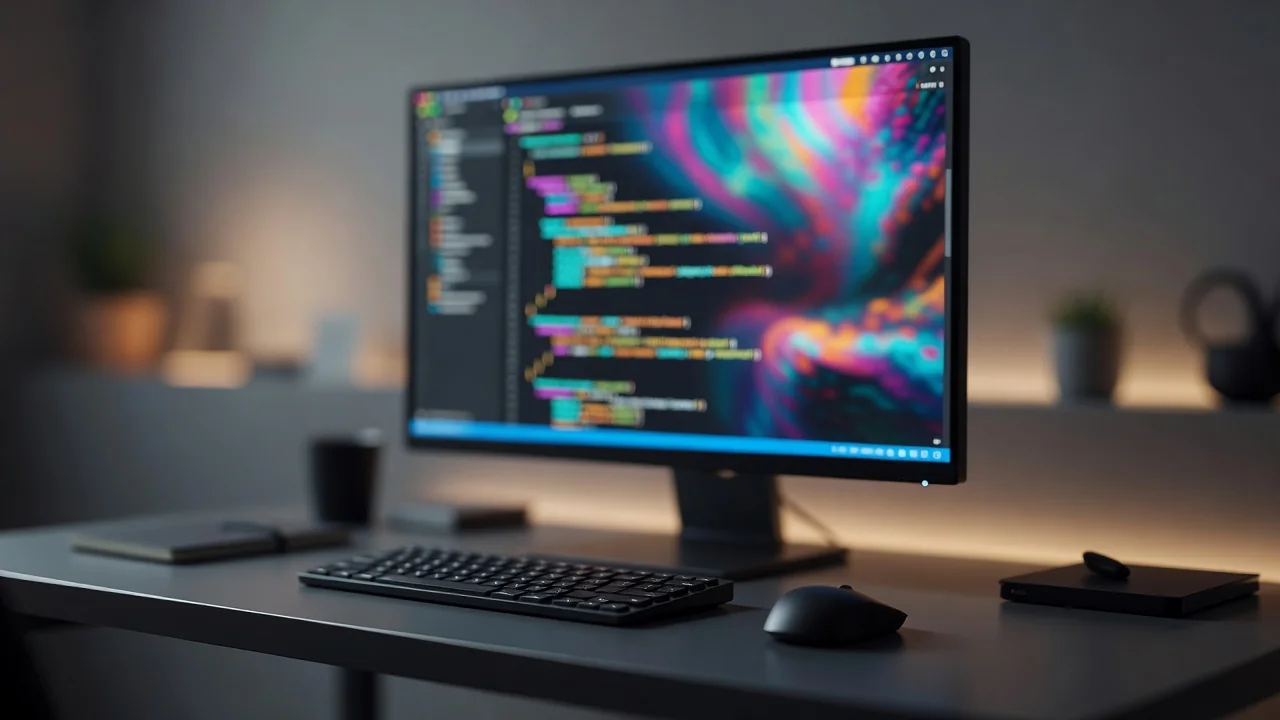 Estação de trabalho com monitor exibindo código colorido em tema escuro