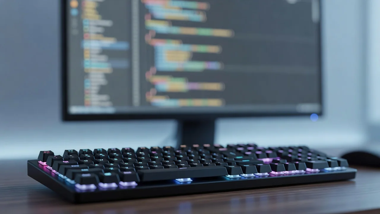 Teclado retroiluminado com gráfico de código na tela ao fundo