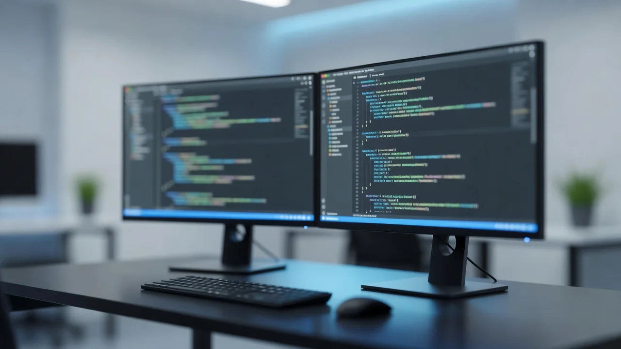 Estação de trabalho com dois monitores mostrando editor de código em tema escuro