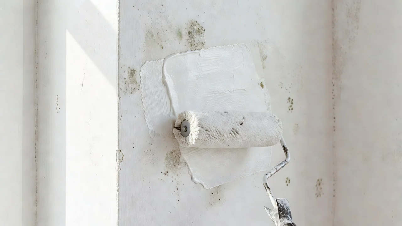 Parede interna recebendo pintura antimofo com rolo de lã