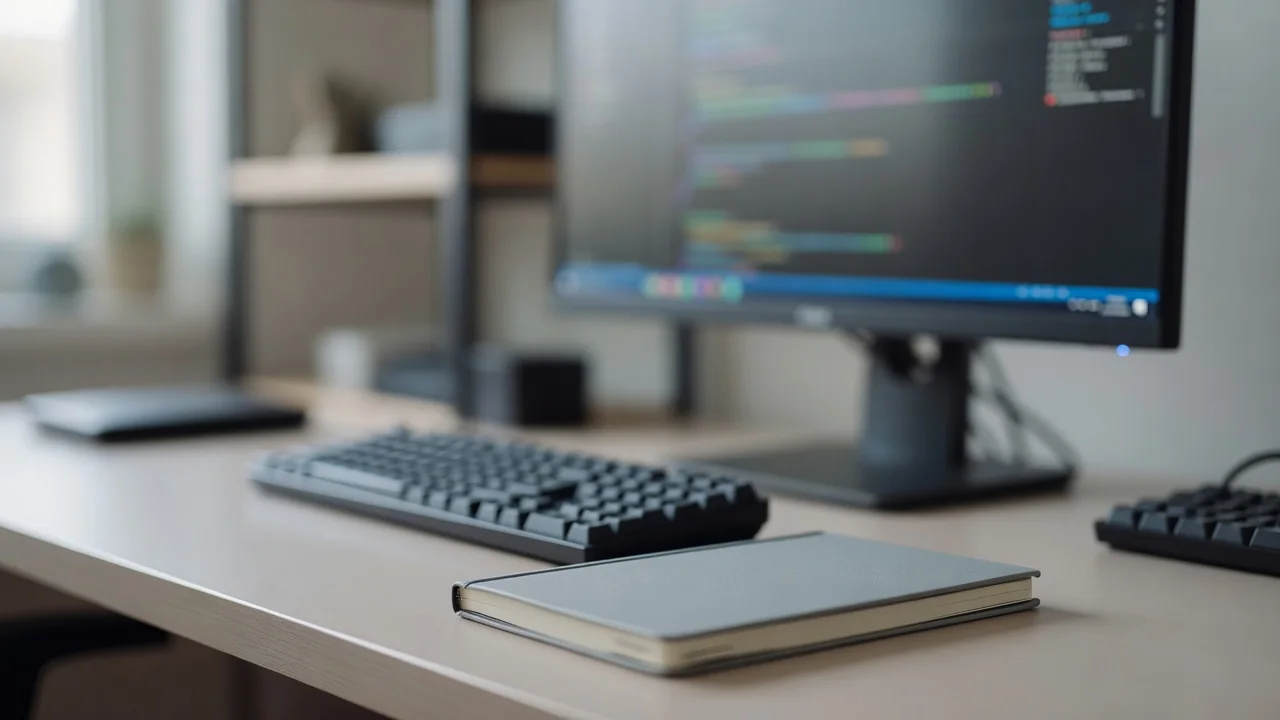 Mesa organizada com monitor, teclado e caderno de notas