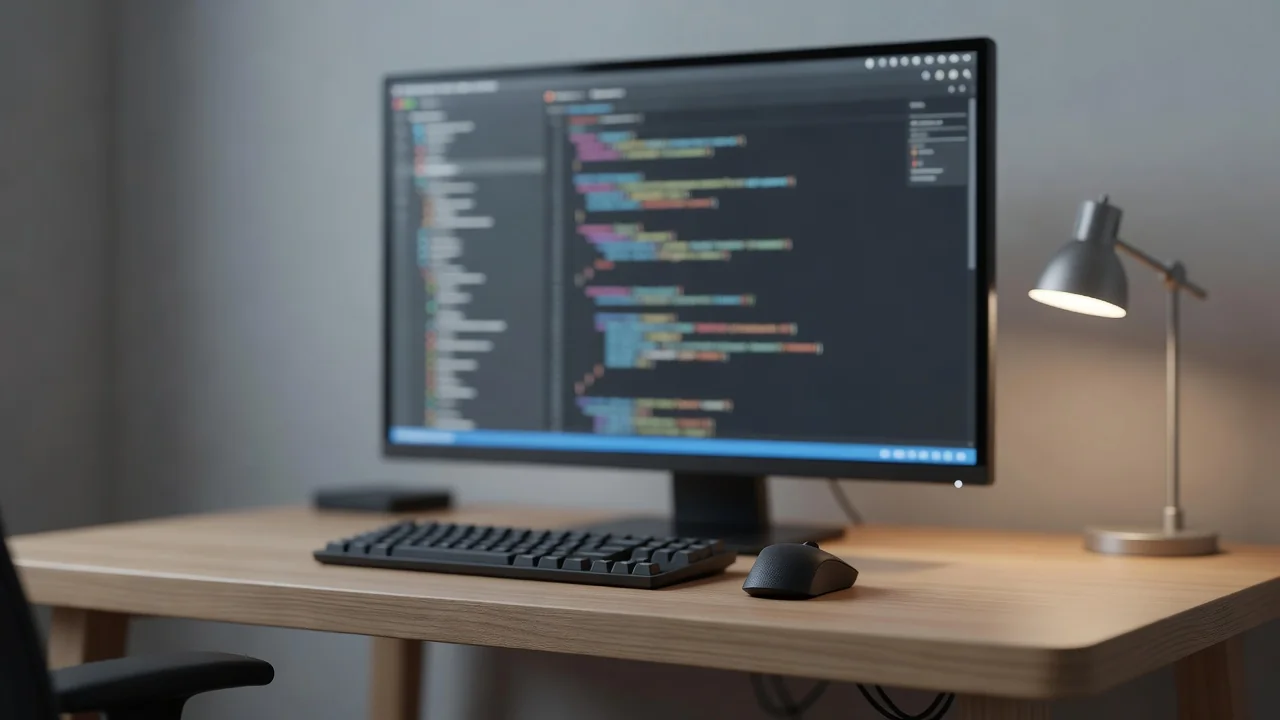 Monitor com lista de arquivos de projeto e código ao lado