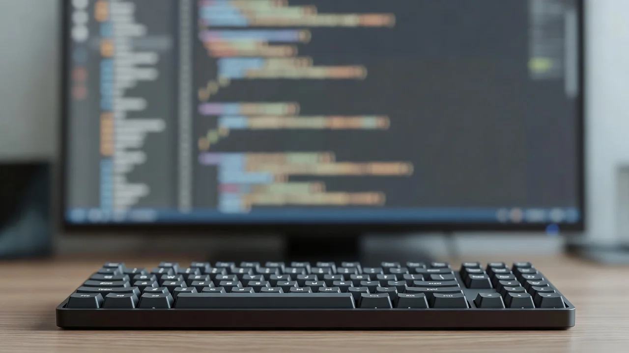 Teclado visto de cima com tela de código desfocada ao fundo