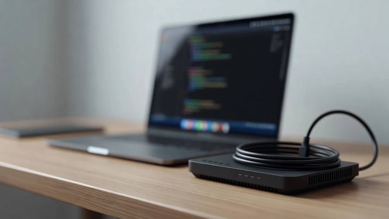 Roteador e cabo de rede sobre mesa com notebook ao fundo