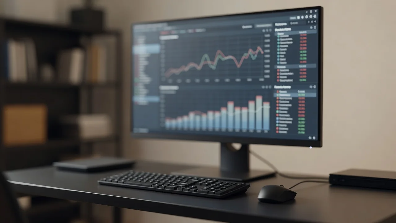 Estação de trabalho com monitor e indicadores de sistema na tela