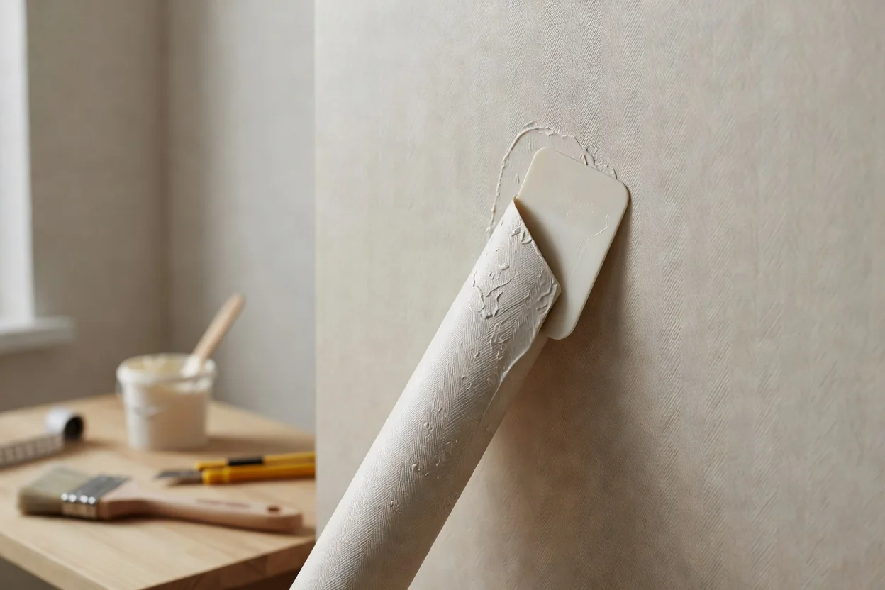 Faixa de papel de parede sendo alisada com espátula durante a aplicação