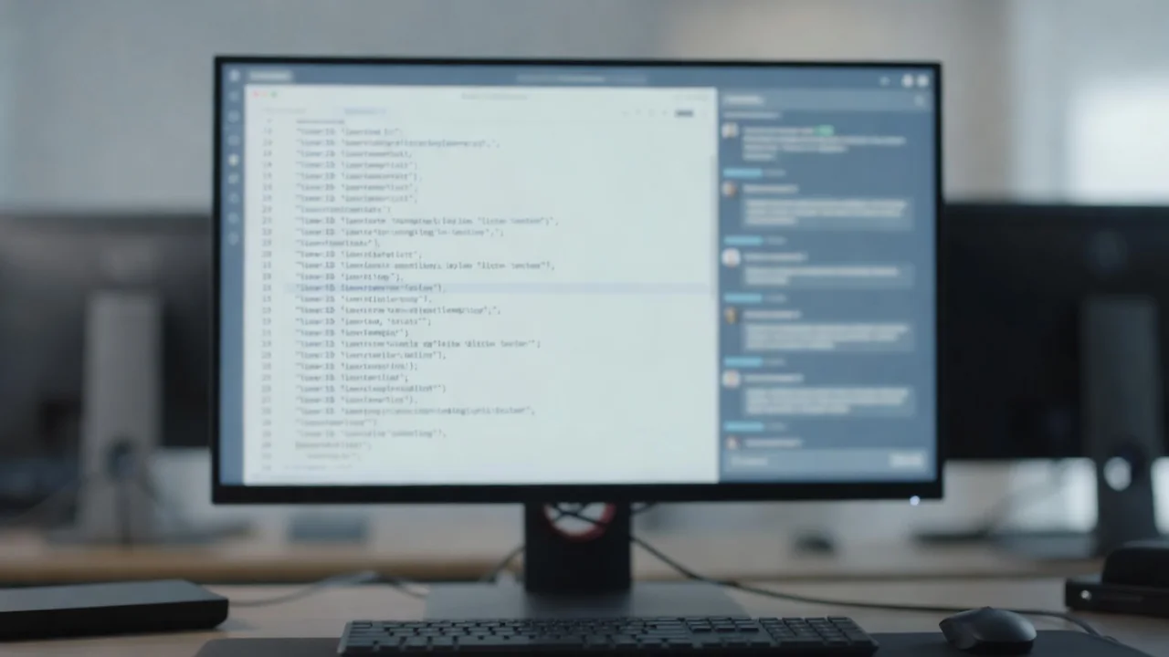 Detalhe de tela com painel de chat de IA ao lado de código